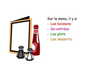 Sur le menu, il y a: Les boissons les entrées Les plats Les desserts 