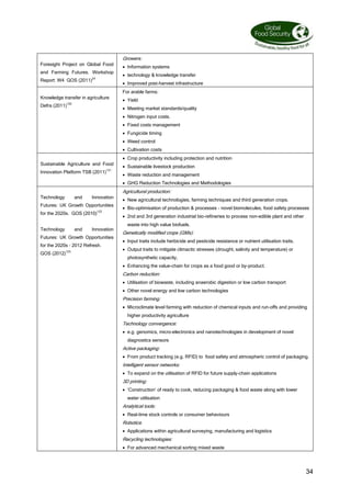 34
Foresight Project on Global Food
and Farming Futures. Workshop
Report: W4 GOS (2011)24
Growers:
 Information systems
 technology  knowledge transfer
 Improved post-harvest infrastructure
Knowledge transfer in agriculture
Defra (2011)120
For arable farms:
 Yield
 Meeting market standards/quality
 Nitrogen input costs.
 Fixed costs management
 Fungicide timing
 Weed control
 Cultivation costs
Sustainable Agriculture and Food
Innovation Platform TSB (2011)121
 Crop productivity including protection and nutrition
 Sustainable livestock production
 Waste reduction and management
 GHG Reduction Technologies and Methodologies
Technology and Innovation
Futures: UK Growth Opportunities
for the 2020s. GOS (2010)122
Technology and Innovation
Futures: UK Growth Opportunities
for the 2020s – 2012 Refresh.
GOS (2012)123
Agricultural production:
 New agricultural technologies, farming techniques and third generation crops.
 Bio-optimisation of production  processes - novel biomolecules, food safety processes
 2nd and 3rd generation industrial bio-refineries to process non-edible plant and other
waste into high value biofuels.
Genetically modified crops (GMs):
 Input traits include herbicide and pesticide resistance or nutrient utilisation traits.
 Output traits to mitigate climactic stresses (drought, salinity and temperature) or
photosynthetic capacity,
 Enhancing the value-chain for crops as a food good or by-product.
Carbon reduction:
 Utilisation of biowaste, including anaerobic digestion or low carbon transport
 Other novel energy and low carbon technologies
Precision farming:
 Microclimate level farming with reduction of chemical inputs and run-offs and providing
higher productivity agriculture
Technology convergence:
 e.g. genomics, micro-electronics and nanotechnologies in development of novel
diagnostics sensors
Active packaging:
 From product tracking (e.g. RFID) to food safety and atmospheric control of packaging.
Intelligent sensor networks:
 To expand on the utilisation of RFID for future supply-chain applications
3D printing:
 ‘Construction’ of ready to cook, reducing packaging  food waste along with lower
water utilisation
Analytical tools:
 Real-time stock controls or consumer behaviours
Robotics:
 Applications within agricultural surveying, manufacturing and logistics
Recycling technologies:
 For advanced mechanical sorting mixed waste
 