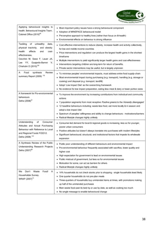 38
Applying behavioural insights to
health. Behavioural Insights Team.
Cabinet Office (2010)85
 Most important policy issues have a strong behavioural component
 Adoption of MINSPACE behavioural model
 Pre-emptive approach to healthy lives (rather than focus on ill-health)
 Environmental effects on behaviour is strong influence
Tackling of unhealthy diets,
physical inactivity, and obesity:
health effects and cost-
effectiveness,
Cecchini M, Sassi F, Lauer JA,
Lee YY, Guajardo-Barron V,
Chisholm D (2010)100
 Cost-effective interventions to reduce obesity, increase health and activity collectively,
for low and middle income countries
 Price interventions and regulation can produce the largest health gains in the shortest
timeframe
 Multiple interventions to yield significantly larger health gains and cost-effectiveness
 Interventions targeting children are long-term for return of benefits.
 Private sector interventions may be useful, but is largely unproven
A Food synthesis Review
summary Report (2009) 132
 To minimise peoples’ environmental impacts, must address entire food supply-chain
 Most environmental impact during purchasing (e.g. transport), handling (e.g. storage or
cooking) and disposal (e.g. transport, landfill)
 Adopt ‘Low Impact Diet’ as the overarching framework
 No evidence for low impact preparation, eating less meat  dairy or lower portion sizes
A framework for Pro-environmental
behaviours
Defra (2008)91
 To improve the environment by increasing contributions from individual and community
actions
 7 population segments from most receptive Positive greens to the Honestly disengaged
 12 headline behaviours including; waste less food, eat more locally  in season and
adopt a low impact diet
 Spectrum of peoples’ willingness and ability to change behaviours - motivations/barriers
 Radical lifestyle changes highly unlikely
Understanding of Consumer
Attitudes and Actual Purchasing
Behaviour with Reference to Local
and Regional Foods FO0312.
Defra (2008) 133
 Consumer-led demand for local  regional goods is increasing, less so for younger,
poorer urban consumers
 Positive attitudes but doesn’t always translate into purchases with modern lifestyles
 Significant behavioural, structural, and institutional factors that impede its wholesale
expansion
A Synthesis Review of the Public
Understanding Research Projects
Defra (2007)90
 Public poor understanding of different behaviours and environmental impact
 Pro-environmental behaviour frequently associated with sacrifice, lower quality and
higher cost
 High expectation for government to lead on environmental issues
 Public mistrust of government, but less so for environmental issues
 Motivation for some, can act as barriers for others
 Radical lifestyle changes highly unlikely
We Don’t Waste Food! A
Householder Survey.
WRAP (2007)73
 14% households do not check stocks prior to shopping – single households least likely.
 One quarter households do not pre-plan meals
 Three-quarters of households buy unintended items at times, with promotions making
up half of the unintended purchases
 Main waste food past its best by or use by date, as well as cooking too much
 No single message to enable behavioural change
 