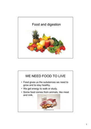 1
Food and digestion
WE NEED FOOD TO LIVE
• Food gives us the substances we need to
grow and to stay healthy.
• We get energy to walk or study.
• Some food comes from animals, like meat
and milk.
 