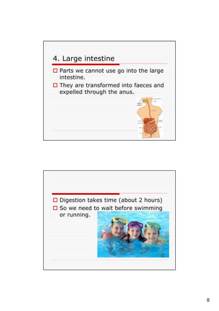 8
4. Large intestine
Parts we cannot use go into the large
intestine.
They are transformed into faeces and
expelled through the anus.
Digestion takes time (about 2 hours)
So we need to wait before swimming
or running.
 