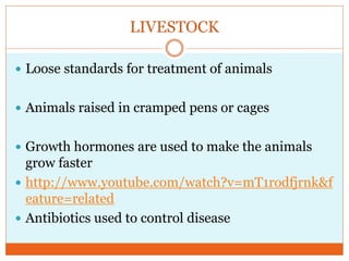 LIVESTOCK

 Loose standards for treatment of animals


 Animals raised in cramped pens or cages


 Growth hormones are used to make the animals
  grow faster
 http://www.youtube.com/watch?v=mT1rodfjrnk&f
  eature=related
 Antibiotics used to control disease
 