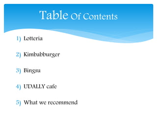 1) Lotteria
2) Kimbabburger
3) Bingsu
4) UDALLY cafe
5) What we recommend
Table Of Contents