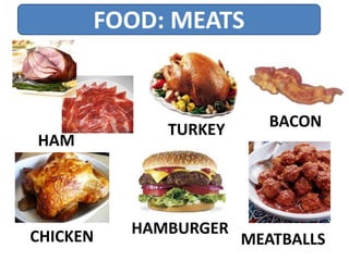FOOD: MEATS
CHICKEN
HAM
TURKEY
HAMBURGER
BACON
MEATBALLS
 
