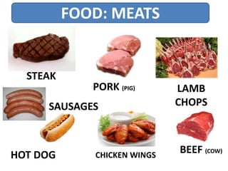 FOOD: MEATS
HOT DOG
PORK (PIG)
SAUSAGES
LAMB
CHOPS
BEEF (COW)
STEAK
CHICKEN WINGS
 
