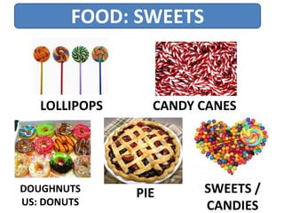 FOOD: SWEETS
LOLLIPOPS
DOUGHNUTS
US: DONUTS
CANDY CANES
PIE SWEETS /
CANDIES
 
