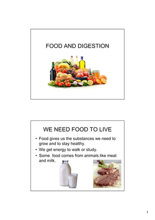 1
FOOD AND DIGESTION
WE NEED FOOD TO LIVE
• Food gives us the substances we need to
grow and to stay healthy.
• We get energy to walk or study.
• Some food comes from animals like meat
and milk.
 