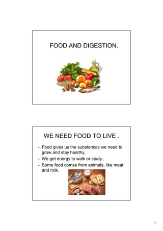 1
FOOD AND DIGESTION.
WE NEED FOOD TO LIVE .
- Food gives us the substances we need to
grow and stay healthy.
- We get energy to walk or study .
- Some food comes from animals, like meat
and milk.
 