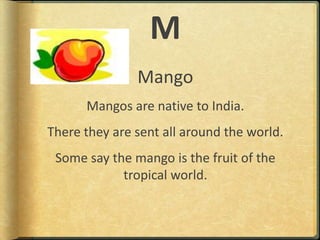 MMangoMangos are native to India.There they are sent all around the world.Some say the mango is the fruit of the tropical world.