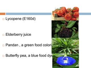  Lycopene (E160d)
 Elderberry juice
 Pandan , a green food coloring
 Butterfly pea, a blue food dye
 