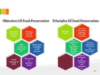 Prolong
the life
of food
Preserve
nutritive
value
Add
variety to
preparati
on
Make food
available
in off
seasons
Save time
in
procure
ment
Avoid
wastage of
food
114
Prevent
entry of the
organism
by air tight
package
Maintain
asepsis
Make
liquids free
from
bacteria by
filtration
through
porcelain
filters
Destroy
enzymes by
blanching
eg)
pasteurizatio
n of milk
Destroy
pathogens
by
irradiation
of fruits
and
vegetables
etc
Objectives Of Food Preservation Principles Of Food Preservation
 
