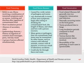 Food Poisoning
• Refers to any illness
involving a combination of
intestinal symptoms such
as nausea, vomiting and
diarrhea after ingestion of
contaminated food.
• Short incubation period
• Absence of secondary
cases.
• Epidemiology features :-
History of ingestion of
common food marriages,
party, mid day meal)
• A group of person affected
simultaneously.
Food Borne diseases
• Caused by a wide variety
of pathogens and toxins.
• vary dramatically in terms
of how soon symptoms
begin after eating or
drinking the
contaminated food, the
length of illness, and when
and how well a person
recovers.
• Many germs or pathogens
that can contaminate food
items may be transmitted
by other means, such as
contact with infected
animals, contact with ill
persons, or even as a result
of laboratory accidents.
• Could also be through
faeco oral route.
Food Intoxication
• Food-related illnesses fall
generally into two
categories: intoxication
and infection.
• Naturally occurring toxins
in the food grains
• Toxins produced due to
fungi.
• Long incubation periods
compared to food
poisoning.
• Various factors like
socioeconomic status
involved.
• Reversibility of the
pathology in such cases is
questionable.
196North Carolina Public Health– Department of Health and Human services
http://epi.publichealth.nc.gov/cd/diseases/food.html
 