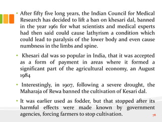 • After fifty five long years, the Indian Council for Medical
Research has decided to lift a ban on khesari dal, banned
in the year 1961 for what scientists and medical experts
had then said could cause lathyrism a condition which
could lead to paralysis of the lower body and even cause
numbness in the limbs and spine.
• Khesari dal was so popular in India, that it was accepted
as a form of payment in areas where it formed a
significant part of the agricultural economy, an August
1984
• Interestingly, in 1907, following a severe drought, the
Maharaja of Rewa banned the cultivation of Kesari dal.
• It was earlier used as fodder, but that stopped after its
harmful effects were made known by government
agencies, forcing farmers to stop cultivation. 78
 