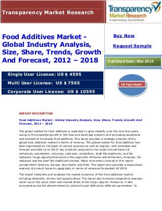 Transparency Market Research



                                                                            Buy Now
Food Additives Market -
Global Industry Analysis,                                                   Request Sample
Size, Share, Trends, Growth
And Forecast, 2012 – 2018                                               Published Date: Mar 2013


 Single User License: US $ 4595

 Multi User License: US $ 7595                                                    105 Pages Report

 Corporate User License: US $ 10595




     REPORT DESCRIPTION

     Food Additives Market - Global Industry Analysis, Size, Share, Trends, Growth And
     Forecast, 2012 – 2018

     The global market for food additives is expected to grow steadily over the next five years,
     owing to the expected growth in the food and beverage industry and increasing awareness
     and demand of functional food additives. This study provides a strategic analysis of the
     global food additives market in terms of revenue. The global market for food additives has
     been segmented on the basis of various products as well as regions, with estimates and
     forecast provided up to 2018. Key products analyzed in the study include flavors &
     enhancers, sweeteners, enzymes, colorants, emulsifiers, shelf-life stabilizers, and fat
     replacers. Huge opportunities exist in the segments of flavors and enhancers, enzymes, fat
     replacers and the shelf life stabilizers market. Major economies covered in this report
     include North America, Europe, Asia Pacific and RoW. The report also provides a break down
     analysis of product types by geography in terms of revenues forecasted till 2018.

     The report interprets and analyzes the market dynamics of the food additives market
     including restraints, drivers and opportunities. The report also includes competitive analyses
     which cover the value chain and market share of the major players. Moreover, it also
     incorporates market attractiveness by product types defined by different parameters. In
 