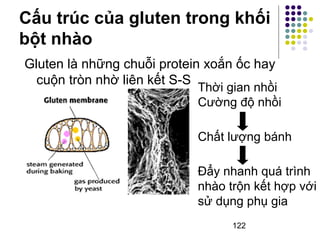 Cấu trúc của gluten trong khối 
bột nhào 
Gluten là những chuỗi protein xoắn ốc hay 
cuộn tròn nhờ liên kết S-S Thời gian nhồi 
Cường độ nhồi 
Chất lượng bánh 
Đẩy nhanh quá trình 
nhào trộn kết hợp với 
sử dụng phụ gia 
122 
 