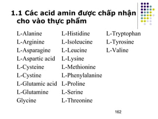 1.1 Các acid amin được chấp nhận 
cho vào thực phẩm 
L-Alanine 
L-Arginine 
L-Asparagine 
L-Aspartic acid 
L-Cysteine 
L-Cystine 
L-Glutamic acid 
L-Glutamine 
Glycine 
162 
L-Histidine 
L-Isoleucine 
L-Leucine 
L-Lysine 
L-Methionine 
L-Phenylalanine 
L-Proline 
L-Serine 
L-Threonine 
L-Tryptophan 
L-Tyrosine 
L-Valine 
 