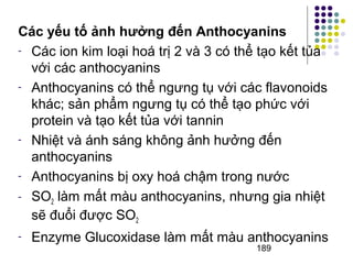 Các yếu tố ảnh hưởng đến Anthocyanins 
- Các ion kim loại hoá trị 2 và 3 có thể tạo kết tủa 
với các anthocyanins 
- Anthocyanins có thể ngưng tụ với các flavonoids 
khác; sản phẩm ngưng tụ có thể tạo phức với 
protein và tạo kết tủa với tannin 
- Nhiệt và ánh sáng không ảnh hưởng đến 
anthocyanins 
- Anthocyanins bị oxy hoá chậm trong nước 
- SO2 làm mất màu anthocyanins, nhưng gia nhiệt 
sẽ đuổi được SO2 
- Enzyme Glucoxidase làm mất màu anthocyanins 
189 
 