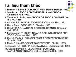 Tài liệu tham khảo 
1. Branen A Larry. FOOD ADDITIVES. Marcel Dekker. 1990. 
2. Smith Jim. FOOD ADDITIVE USER’S HANDBOOK. 
Chapman Hall. 1993. 
3. Thomas E. Furia. HANDBOOK OF FOOD ADDITIVES. Vol 
II. CRC. 1980. 
4. Ashurst P.R. FOOD FLAVORINGS. Chapman Hall. 1991. 
5. Harris Peter. FOOD GELS. Elsevier. 1990. 
6. Hendry G.A.F. NATURAL FOOD COLORANTS. Chapman 
Hall. 1996. 
7. Imeson Alan. THICKENING AND GELLING AGENTS FOR 
FOOD. Chapman Hall. 1997. 
8. Kyzlink Vladimir. PRINCIPLES OF FOOD PRESERVATION. 
Elsevier. 1990. 
9. Marie S. HANDBOOK OF SWEETENERS. Blackie. 1989. 
10. Russell NJ. FOOD PRESERVATIVES. Chapman Hall. 1991. 
11. Szuhaj Bernard F. LEUCITHINS: SOURCES, 
MANUFACTURING AND USES. Chapman Hall. 1989. 
2 
 