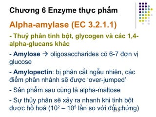 Chương 6 Enzyme thực phẩm 
Alpha-amylase (EC 3.2.1.1) 
- Thuỷ phân tinh bột, glycogen và các 1,4- 
alpha-glucans khác 
- Amylose  oligosaccharides có 6-7 đơn vị 
glucose 
- Amylopectin: bị phân cắt ngẫu nhiên, các 
điểm phân nhánh sẽ được ‘over-jumped’ 
- Sản phẩm sau cùng là alpha-maltose 
- Sự thủy phân sẽ xảy ra nhanh khi tinh bột 
được hồ hoá (102 – 105 lần so với đối chứng) 
218 
 