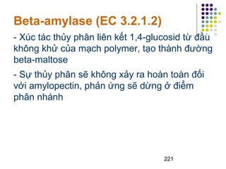 Beta-amylase (EC 3.2.1.2) 
- Xúc tác thủy phân liên kết 1,4-glucosid từ đầu 
không khử của mạch polymer, tạo thành đường 
beta-maltose 
- Sự thủy phân sẽ không xảy ra hoàn toàn đối 
với amylopectin, phản ứng sẽ dừng ở điểm 
phân nhánh 
221 
 