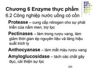 Chương 6 Enzyme thực phẩm 
6.2 Công nghiệp nước uống có cồn 
Protease – cung cấp nitrogen cho sự phát 
triển của nấm men, trợ lọc 
Pectinases – làm trong rượu vang, làm 
giảm thời gian ép nguyên liệu và tăng hiệu 
suất trích ly 
Anthocyanase – làm mất màu rượu vang 
Amyloglucosidase – tách các chất gây 
đục, cải thiện sự lọc 
250 
 