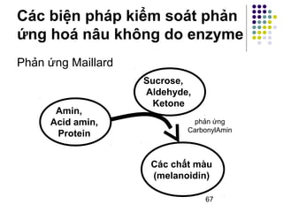 Các biện pháp kiểm soát phản 
ứng hoá nâu không do enzyme 
phản ứng 
CarbonylAmin 
67 
Phản ứng Maillard 
Amin, 
Acid amin, 
Protein 
Sucrose, 
Aldehyde, 
Ketone 
Các chất màu 
(melanoidin) 
 