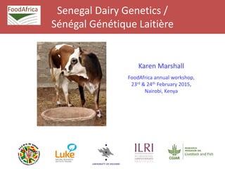 Senegal Dairy Genetics /
Sénégal Génétique Laitière
Karen Marshall
FoodAfrica annual workshop,
23rd & 24th February 2015,
Nairobi, Kenya
 