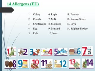 14 Allergens (EU)
1. Celery
2. Cereals
3. Crustaceans
4. Egg
5. Fish
6. Lupin
7. Milk
8. Molluses
9. Mustard
10. Nuts
11. Peanuts
12. Seasme Seeds
13. Soya
14. Sulphur dioxide
 