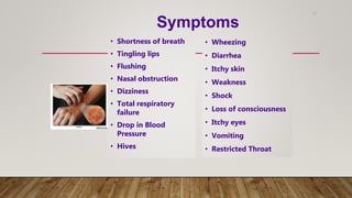 13
• Shortness of breath
• Tingling lips
• Flushing
• Nasal obstruction
• Dizziness
• Total respiratory
failure
• Drop in Blood
Pressure
• Hives
• Wheezing
• Diarrhea
• Itchy skin
• Weakness
• Shock
• Loss of consciousness
• Itchy eyes
• Vomiting
• Restricted Throat
Symptoms
 