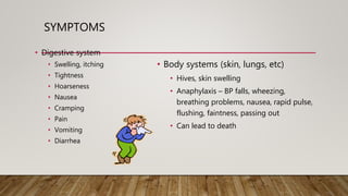 SYMPTOMS
• Digestive system
• Swelling, itching
• Tightness
• Hoarseness
• Nausea
• Cramping
• Pain
• Vomiting
• Diarrhea
• Body systems (skin, lungs, etc)
• Hives, skin swelling
• Anaphylaxis – BP falls, wheezing,
breathing problems, nausea, rapid pulse,
flushing, faintness, passing out
• Can lead to death
 