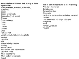Avoid foods that contain milk or any of these
ingredients:
Butter, butter fat, butter oil, butter acid,
Buttermilk
Casein
Casein hydrolysate
Caseinates (in all forms)
Cheese
Cottage cheese
Cream
Curds
Custard
Diacetyl
Ghee
Half-and-half
Lactalbumin, lactalbumin phosphate
Lactose
Lactulose
Milk
Milk protein hydrolysate
Pudding
Rennet casein
Sour cream, sour cream solids
Sour milk solids
Whey (in all forms)
Whey protein hydrolysate
Yogurt
Milk is sometimes found in the following:
Artificial butter flavor
Baked goods
Caramel candies
Chocolate
Lactic acid starter culture and other bacterial
cultures
Luncheon meat, hot dogs, sausages
Margarine
Nisin
Nondairy products
Nougat
 