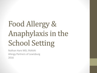 Food Allergy &
Anaphylaxis in the
School Setting
Nathan Hare MD, FAAAAI
Allergy Partners of Lewisburg
2016
 