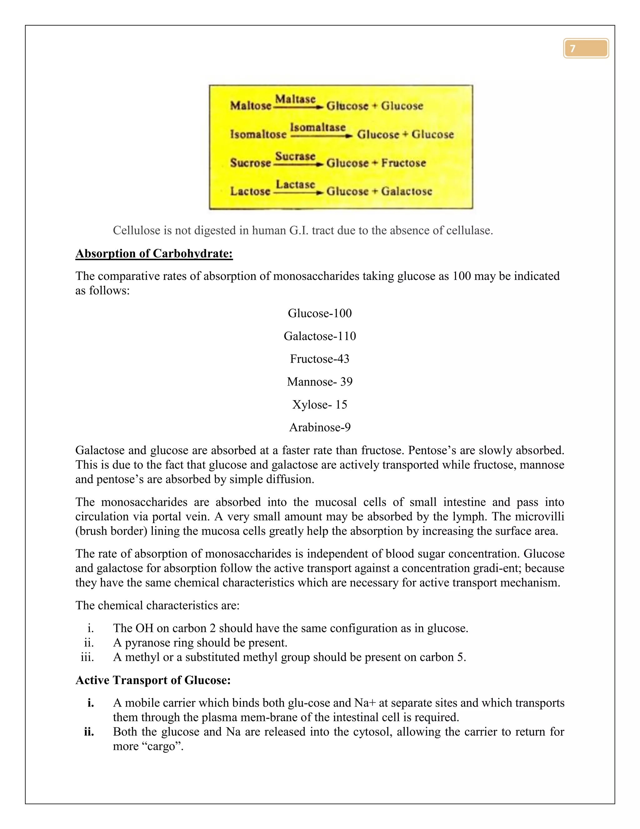 7
Cellulose is not digested in human G.I. tract due to the absence of cellulase.
Absorption of Carbohydrate:
The comparative rates of absorption of monosaccharides taking glucose as 100 may be indicated
as follows:
Glucose-100
Galactose-110
Fructose-43
Mannose- 39
Xylose- 15
Arabinose-9
Galactose and glucose are absorbed at a faster rate than fructose. Pentose’s are slowly absorbed.
This is due to the fact that glucose and galactose are actively transported while fructose, mannose
and pentose’s are absorbed by simple diffusion.
The monosaccharides are absorbed into the mucosal cells of small intestine and pass into
circulation via portal vein. A very small amount may be absorbed by the lymph. The microvilli
(brush border) lining the mucosa cells greatly help the absorption by increasing the surface area.
The rate of absorption of monosaccharides is independent of blood sugar concentration. Glucose
and galactose for absorption follow the active transport against a concentration gradi-ent; because
they have the same chemical characteristics which are necessary for active transport mechanism.
The chemical characteristics are:
i. The OH on carbon 2 should have the same configuration as in glucose.
ii. A pyranose ring should be present.
iii. A methyl or a substituted methyl group should be present on carbon 5.
Active Transport of Glucose:
i. A mobile carrier which binds both glu-cose and Na+ at separate sites and which transports
them through the plasma mem-brane of the intestinal cell is required.
ii. Both the glucose and Na are released into the cytosol, allowing the carrier to return for
more “cargo”.
 