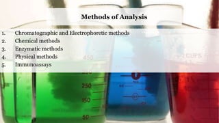 Methods of Analysis
1. Chromatographic and Electrophoretic methods
2. Chemical methods
3. Enzymatic methods
4. Physical methods
5. Immunoassays
 