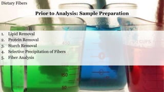 1. Lipid Removal
2. Protein Removal
3. Starch Removal
4. Selective Precipitation of Fibers
5. Fiber Analysis
Prior to Analysis: Sample Preparation
Dietary Fibers
 