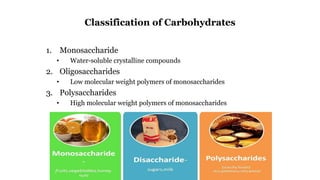 Classification of Carbohydrates
1. Monosaccharide
• Water-soluble crystalline compounds
2. Oligosaccharides
• Low molecular weight polymers of monosaccharides
3. Polysaccharides
• High molecular weight polymers of monosaccharides
 