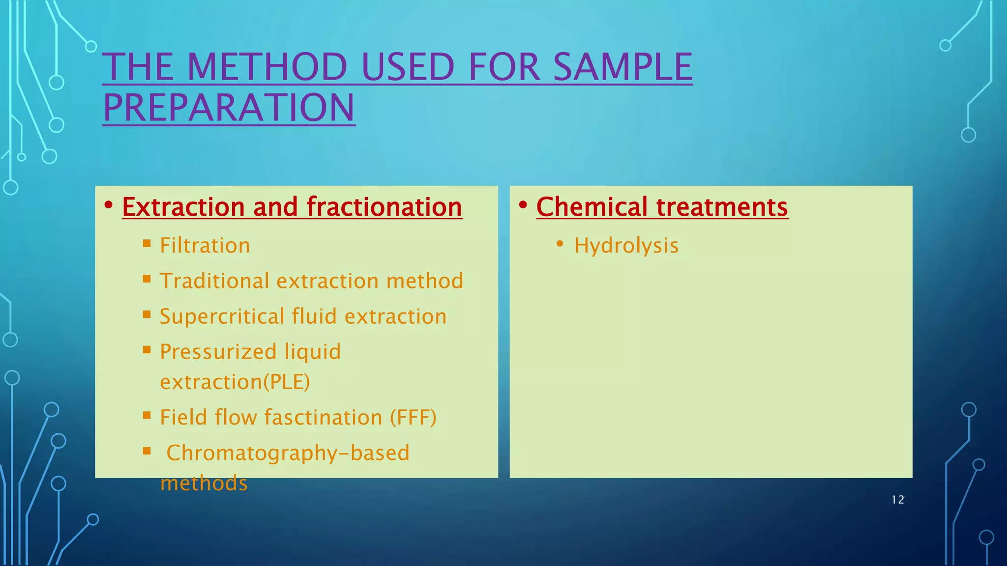 THE METHOD USED FOR SAMPLE
PREPARATION
• Extraction and fractionation
 Filtration
 Traditional extraction method
 Supercritical fluid extraction
 Pressurized liquid
extraction(PLE)
 Field flow fasctination (FFF)
 Chromatography-based
methods
• Chemical treatments
• Hydrolysis
12
 