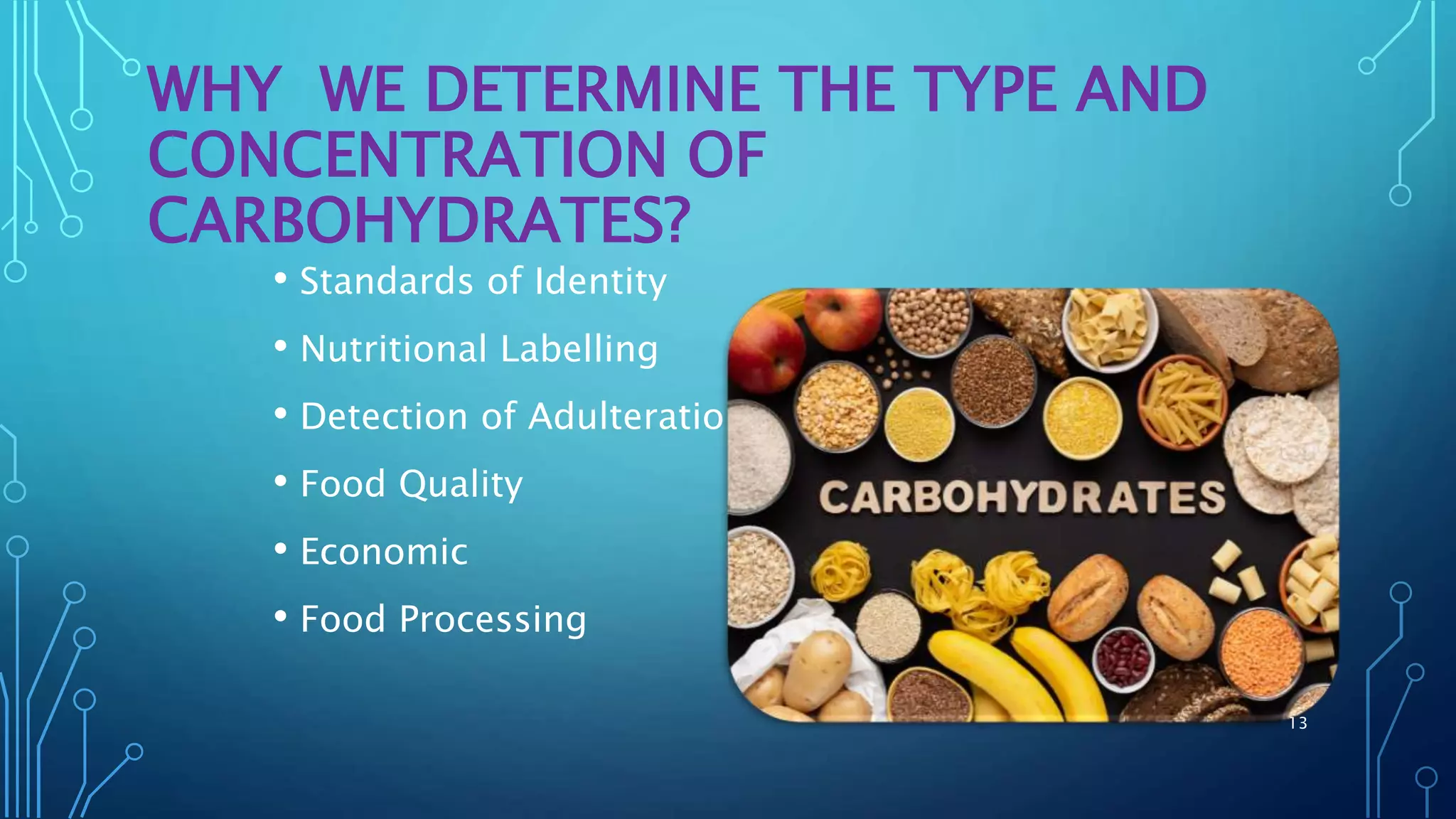 WHY WE DETERMINE THE TYPE AND
CONCENTRATION OF
CARBOHYDRATES?
• Standards of Identity
• Nutritional Labelling
• Detection of Adulteration
• Food Quality
• Economic
• Food Processing
13
 