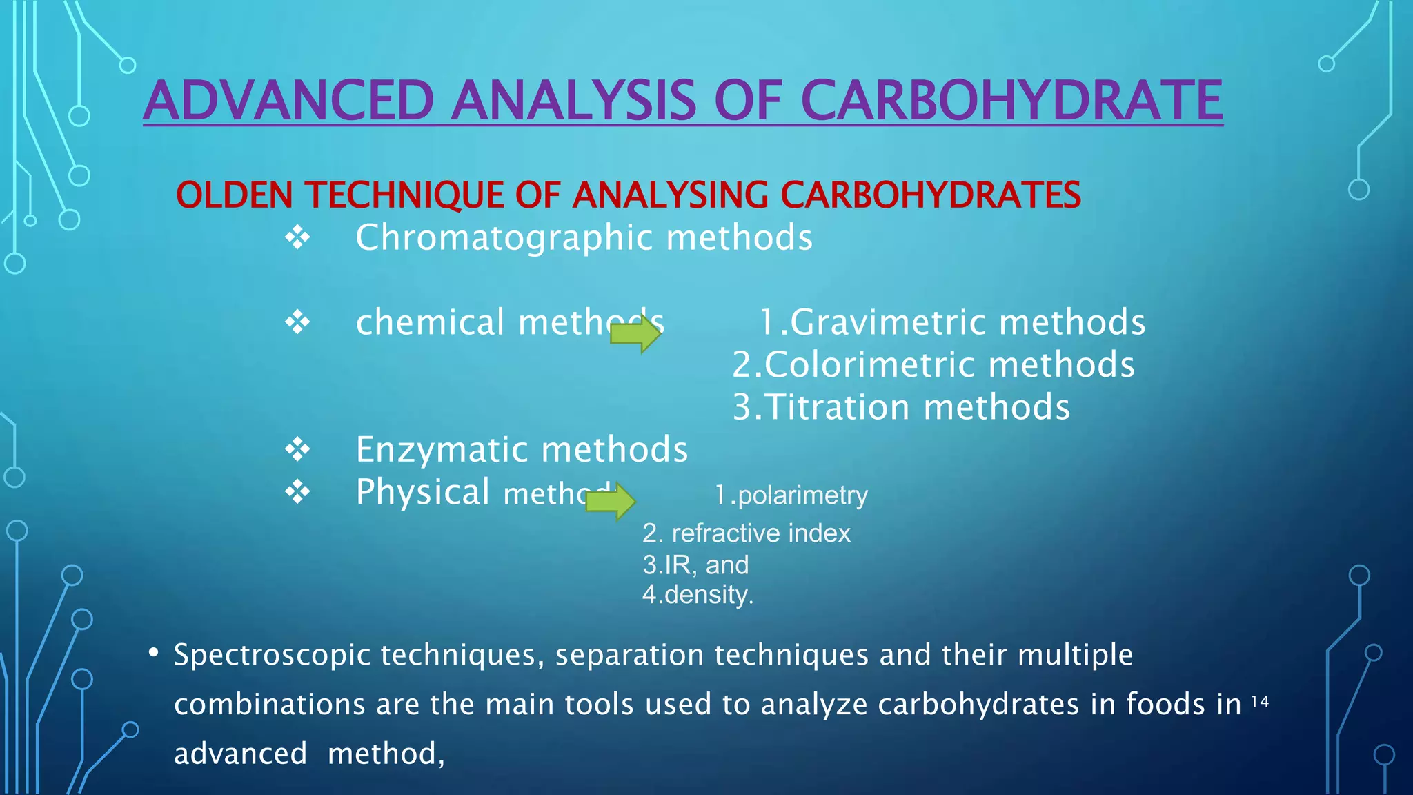 ADVANCED ANALYSIS OF CARBOHYDRATE
• Spectroscopic techniques, separation techniques and their multiple
combinations are the main tools used to analyze carbohydrates in foods in
advanced method,
OLDEN TECHNIQUE OF ANALYSING CARBOHYDRATES
 Chromatographic methods
 chemical methods 1.Gravimetric methods
2.Colorimetric methods
3.Titration methods
 Enzymatic methods
 Physical methods 1.polarimetry
2. refractive index
3.IR, and
4.density.
14
 