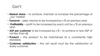Con’t
• Market share – to achieve, maintain or increase the percentage of
‗our‘ market.
• Turnover – sales volume to be increased by x % on previous year.
• Profitability – profit to be increased by each unit by y % on previous
year.
• ASP per customer to be increased by z % – to achieve a new ASP of
not less than x$.
• Product – the product to be maintained at a consistently high
standard.
• Customer satisfaction – the net result must be the satisfaction of
every customer
 