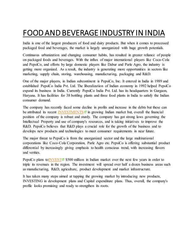 Food and beverage industry in india PDF