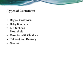 Types of Customers

• Repeat Customers
• Baby Boomers
• Multi-check
  Households
• Families with Children
• Takeout and Delivery
• Seniors
 