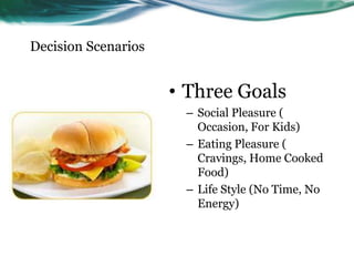 Decision Scenarios


                     • Three Goals
                      – Social Pleasure (
                        Occasion, For Kids)
                      – Eating Pleasure (
                        Cravings, Home Cooked
                        Food)
                      – Life Style (No Time, No
                        Energy)
 