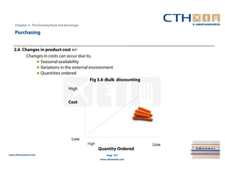 Chapter 3– Purchasing food and beverage

    Purchasing


   2.6 Changes in product cost +/-
         Changes in costs can occur due to,
             ● Seasonal availability
             ● Variations in the external environment
             ● Quantities ordered
                                           Fig 3.6 :Bulk discounting
                                    High

                                    Cost




                                      Low
                                              High                       Low
                                                     Quantity Ordered
www.cthresources.com                                     Page 107
                                                     www.cthawards.com
 