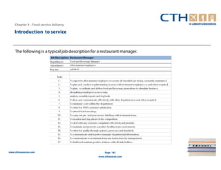 Chapter 4 – Food service delivery

    Introduction to service


    The following is a typical job description for a restaurant manager.




www.cthresources.com                                  Page 142
                                                  www.cthawards.com
 