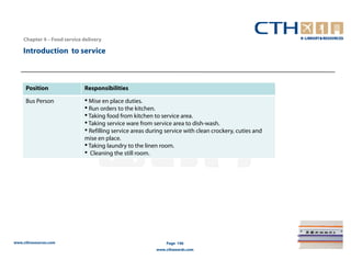 Chapter 4 – Food service delivery

    Introduction to service



     Position                Responsibilities

     Bus Person              • Mise en place duties.
                             • Run orders to the kitchen.
                             • Taking food from kitchen to service area.
                             • Taking service ware from service area to dish-wash.
                             • Refilling service areas during service with clean crockery, cuties and
                             mise en place.
                             • Taking laundry to the linen room.
                             • Cleaning the still room.




www.cthresources.com                                          Page 146
                                                          www.cthawards.com
 