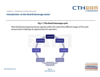 Chapter 1 – Introduction to food & beverage

    Introduction to the food & beverage sector


                                                   Fig 1.1 The food & beverage cycle
            Most food & beverage businesses operate within the cycle & the different stages of the cycle
            present both challenges & opportunities for operators .


                                                                    1. Purchasing


                                                  8. Consuming                       2. Receiving




                                           7. Serving                                         3. Storing




                                                   6. Cooking                         4. Issuing


                                                                    5. Preparing


www.cthresources.com                                                  Page 16
                                                                 www.cthawards.com
 