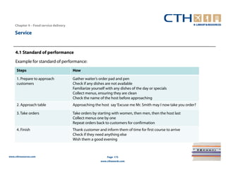 Chapter 4 – Food service delivery

    Service


    4.1 Standard of performance
    Example for standard of performance:
     Steps                              How

     1. Prepare to approach             Gather waiter’s order pad and pen
     customers                          Check if any dishes are not available
                                        Familiarize yourself with any dishes of the day or specials
                                        Collect menus, ensuring they are clean
                                        Check the name of the host before approaching
     2. Approach table                  Approaching the host say ‘Excuse me Mr. Smith may I now take you order?

     3. Take orders                     Take orders by starting with women, then men, then the host last
                                        Collect menus one by one
                                        Repeat orders back to customers for confirmation
     4. Finish                          Thank customer and inform them of time for first course to arrive
                                        Check if they need anything else
                                        Wish them a good evening



www.cthresources.com                                         Page 173
                                                         www.cthawards.com
 