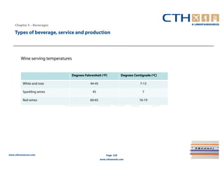 Chapter 5 – Beverages

    Types of beverage, service and production




         Wine serving temperatures


                                 Degrees Fahrenheit (ºF)           Degrees Centigrade (ºC)

          White and rose                    44-45                              7-13

          Sparkling wines                     45                                7

          Red wines                         60-65                             16-19




www.cthresources.com                                    Page 220
                                                    www.cthawards.com
 