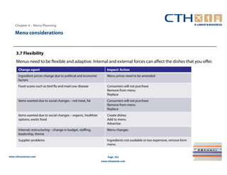 Chapter 6 – Menu Planning

    Menu considerations


     3.7 Flexibility
     Menus need to be flexible and adaptive. Internal and external forces can affect the dishes that you offer.
       Change agent                                                  Impact/ Action
       Ingredient prices change due to political and economic        Menu prices need to be amended
       factors
       Food scares such as bird flu and mad cow disease              Consumers will not purchase
                                                                     Remove from menu
                                                                     Replace
       Items wanted due to social changes – red meat, fat            Consumers will not purchase
                                                                     Remove from menu
                                                                     Replace
       Items wanted due to social changes – organic, healthier       Create dishes
       options, exotic food                                          Add to menu
                                                                     Advertise
       Internal; restructuring – change in budget, staffing,         Menu changes
       leadership, theme
       Supplier problems                                             Ingredients not available or too expensive, remove form
                                                                     menu


www.cthresources.com                                                 Page 253
                                                                 www.cthawards.com
 